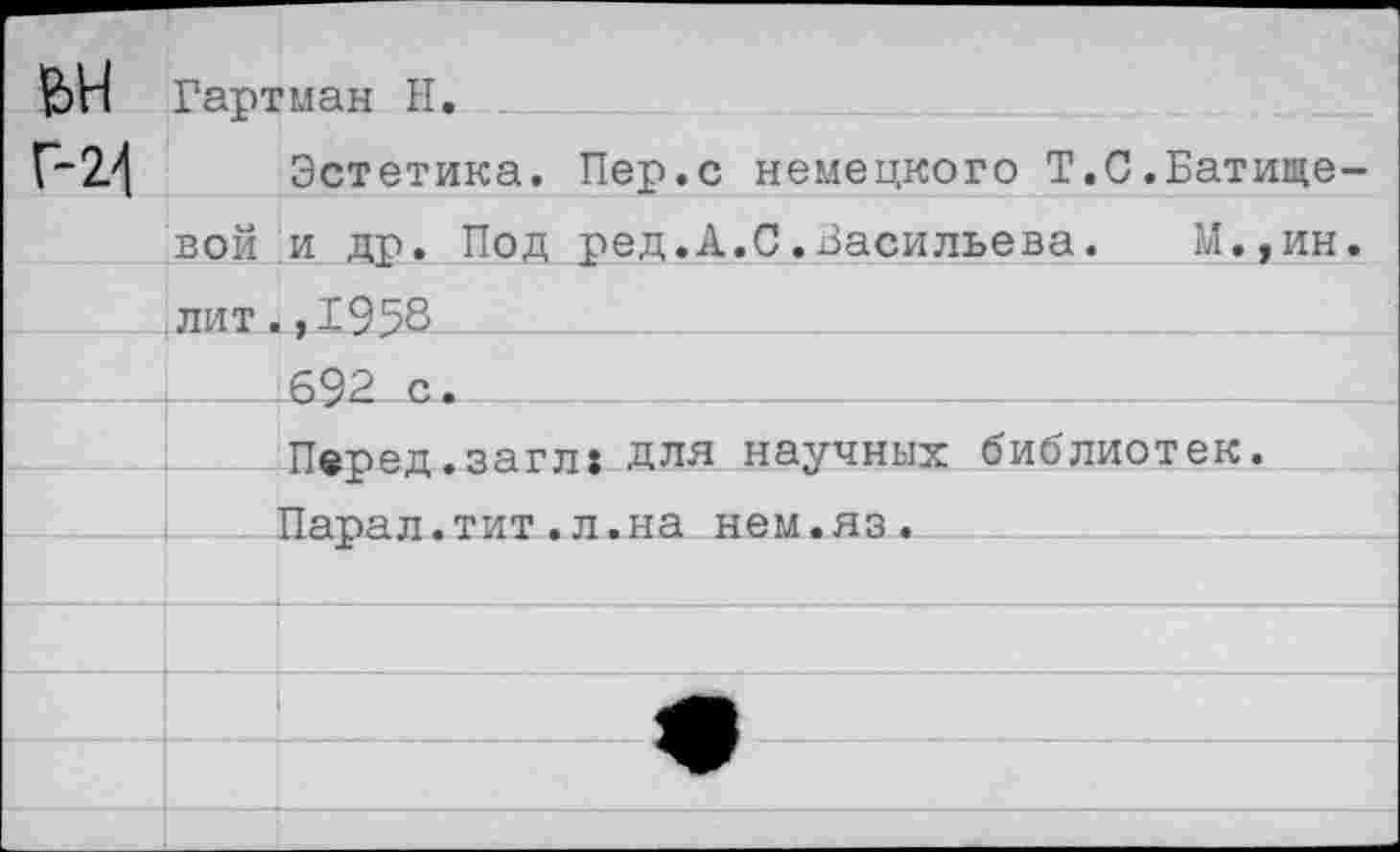 ﻿	Гартман Н.
г-24	Эстетика. Пер.с немецкого Т.С.Батище-
	вой и др. Под ред.А.С.Васильева.	М.,ин.
	лит.,1958
	692 с.
	Перед.загл: для научных библиотек.
	Парал.тит.л.на нем.яз.
	
	
	
	